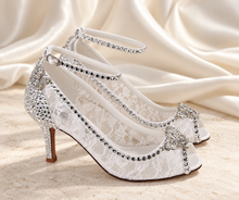 Load image into Gallery viewer, White Lace Bridal Heels with Crystal Butterflies | Cinderella Inspired
