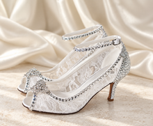 Load image into Gallery viewer, White Lace Bridal Heels with Crystal Butterflies | Cinderella Inspired
