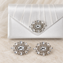 Load image into Gallery viewer, Matching Crystal Shoe Clips &amp; Satin Bridal Clutch Bag Set
