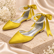 Load image into Gallery viewer, Pointed Satin Bridal Flats with Pearl Ankle Straps – Other Colours
