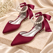 Load image into Gallery viewer, Pointed Satin Bridal Flats with Pearl Ankle Straps – Other Colours
