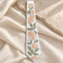 Load image into Gallery viewer, White Satin Tie with Peach Wild Rose Embroidery
