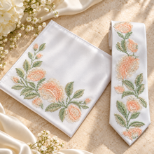 Load image into Gallery viewer, White Satin Tie with Peach Wild Rose Embroidery
