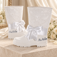 Load image into Gallery viewer, Personalised Bridal Wellies – Lace Wedding Rain Boots with Satin Bows
