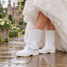 Load image into Gallery viewer, Personalised Bridal Wellies – Lace Wedding Rain Boots with Satin Bows
