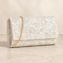 Load image into Gallery viewer, White Floral Lace Bridal Clutch Bag with Gold-Tone Chain – Sale
