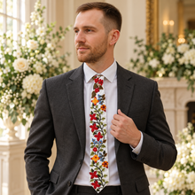 Load image into Gallery viewer, Wildflower Wedding Tie – White Satin Necktie with Red, Gold &amp; Blue Floral Embroidery

