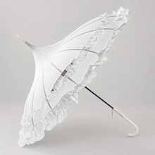 Load image into Gallery viewer, White Frilled Pagoda Umbrella with White Handle – Bridal &amp; Wedding Umbrella

