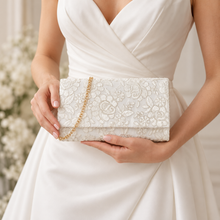 Load image into Gallery viewer, White Floral Lace Bridal Clutch Bag with Gold-Tone Chain – Sale
