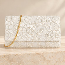 Load image into Gallery viewer, White Floral Lace Bridal Clutch Bag with Gold-Tone Chain – Sale
