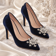 Load image into Gallery viewer, Winter Midnight Blue Velvet Bridal Shoes | Crystal Snowflake Heels
