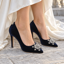 Load image into Gallery viewer, Winter Midnight Blue Velvet Bridal Shoes | Crystal Snowflake Heels
