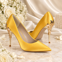Load image into Gallery viewer, Yellow Satin Bridal Shoes with Gold Leaf Heels
