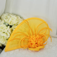 Load image into Gallery viewer, Mustard Yellow Fascinator Hat &amp; Vegan Suede Clutch Bag Set
