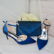 Load image into Gallery viewer, Handmade Navy Blue Satin Bridal Set: Heels, Clutch &amp; Fascinator
