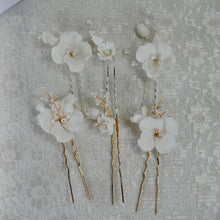 Load image into Gallery viewer, Handmade Gold or Silver Ceramic Flower Hair Pins with Pearls (Set of 3)

