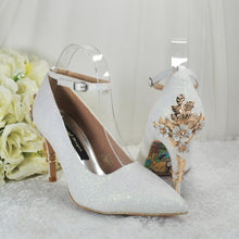 Load image into Gallery viewer, Ivory Shimmer Pointed Toe Shoes with Cherry Blossom Embellishment - UK7 - Ready to Dispatch
