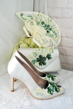 Load image into Gallery viewer, Ivory Satin Bridal Set: Floral Embroidered Heels, Clutch &amp; Fascinator
