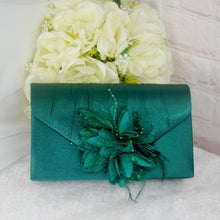 Load image into Gallery viewer, Emerald Green Satin Heel, Clutch &amp; Fascinator Set: Handmade Wedding Guest Outfit
