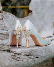 Load image into Gallery viewer, Ivory Satin Bridal Heels: Gold Cherry Blossom Wedding Shoes UK4/US6.5
