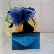 Load image into Gallery viewer, Navy Blue Fascinator and Clutch Bag Set: Handmade Satin Wedding Outfit
