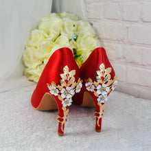 Load image into Gallery viewer, Red Satin Heels: Floral Cherry Blossom Mother of the Bride Shoes
