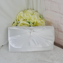 Load image into Gallery viewer, White Satin Bridal Set: Heels, Clutch Bag &amp; Fascinator
