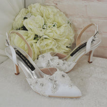 Load image into Gallery viewer, Bridal White Sling Back Heels: Handmade Satin Shoes with 3D Floral
