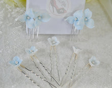 Load image into Gallery viewer, Something Blue Bridal Hair Pin - Ceramic Pearl Floral Wedding Hair Set
