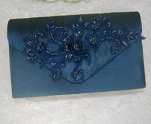 Load image into Gallery viewer, Navy Blue Satin Clutch Bag &amp; Fascinator Matching Set | Bridal Wedding Guest Hat and Bag
