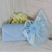 Load image into Gallery viewer, Light Blue Fascinator and Vegan Suede Clutch, Bridal Hatinator Set
