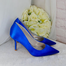 Load image into Gallery viewer, Royal Blue Satin Heel, Clutch &amp; Fascinator Set: Handmade Wedding Guest Outfit
