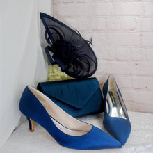 Load image into Gallery viewer, Navy Blue Satin Bridal Set: Heels, Clutch Bag &amp; Fascinator
