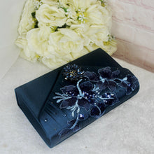 Load image into Gallery viewer, Navy Blue Satin Bridal Set: Floral Heels, Clutch Bag &amp; Fascinator
