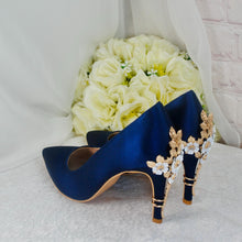 Load image into Gallery viewer, Navy Satin Heels: Silver Floral Cherry Blossom Embellishment
