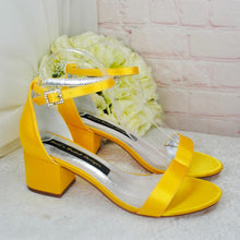 Load image into Gallery viewer, Yellow Block Heel Sandals: Satin Bridal Bridesmaid Shoes
