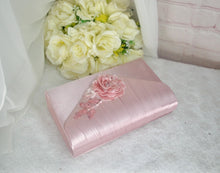 Load image into Gallery viewer, Pink Satin Bridal Set: Embroidered Block Heels, Clutch &amp; Fascinator

