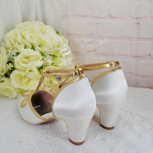 Load image into Gallery viewer, Ivory Satin Bridal Sandals: Vintage T-Bar Block Heel Wedding Shoes - UK8/US10.5
