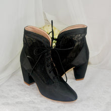 Load image into Gallery viewer, Black Satin Ankle Boots – Handmade Lace Block Heel Vintage Wedding Shoes UK4/US6.5
