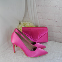 Load image into Gallery viewer, Hot Pink Satin Heel, Clutch &amp; Fascinator Set: Handmade Wedding Guest Outfit
