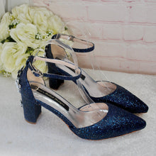 Load image into Gallery viewer, Navy Blue Glitter Bridal Sandals: Cherry Blossom Block Heel Wedding Shoes
