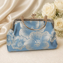 Load image into Gallery viewer, Blue and Gold Floral Bridal Clutch: Shimmering Embroidered Bag, Detachable Chain
