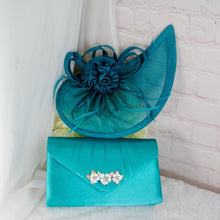 Load image into Gallery viewer, Teal Satin Bridal Set: Handmade Clutch, Fascinator, Heels
