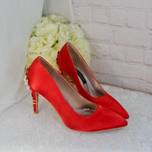 Load image into Gallery viewer, Red Satin Heels: Floral Cherry Blossom Mother of the Bride Shoes
