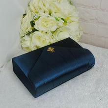 Load image into Gallery viewer, Elegant Navy Satin Clutch: Gold Bee Embellished Wedding Purse
