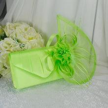 Load image into Gallery viewer, Handmade Lime Green Fascinator Hat and Satin Clutch Bag Set
