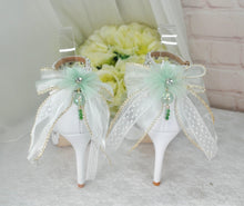 Load image into Gallery viewer, Bridal Floral Heels – Sage Green &amp; White Wedding High Heels with Ankle Strap • UK5 / US7.5
