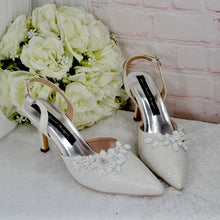Load image into Gallery viewer, Ivory Shimmer Slingback Heels; 3D Floral Toe Details, Handmade Bridal Shoes, Wedding Heel Size UK5/US7.5

