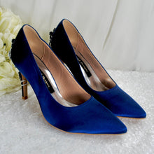 Load image into Gallery viewer, Navy Satin Heels: Silver Floral Cherry Blossom Embellishment
