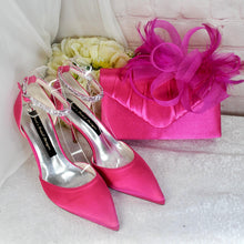 Load image into Gallery viewer, Handmade Fuchsia Pink Satin Bridal Set: Heels, Clutch &amp; Fascinator
